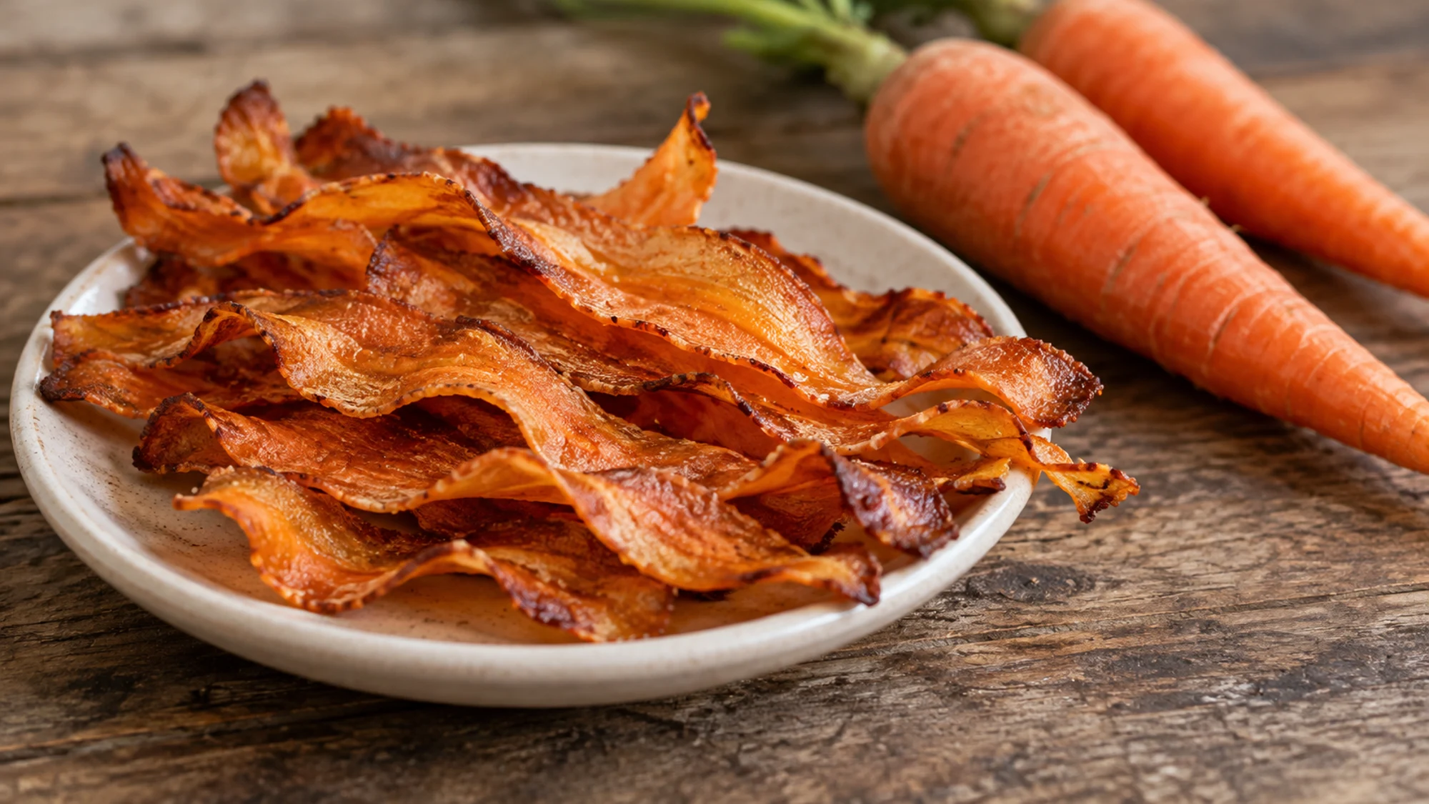 Carrot bacon on a small plate with whole carrots softly blurred behind.