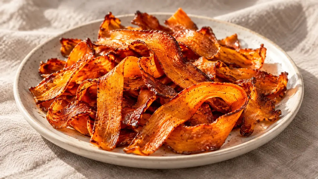 Air-fried carrot bacon ribbons with curled amber edges on a cream plate.