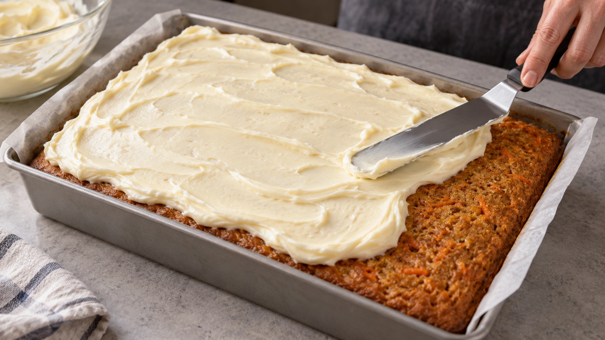 An offset spatula spreads ivory cream cheese frosting across the top of a cooled carrot sheet cake.