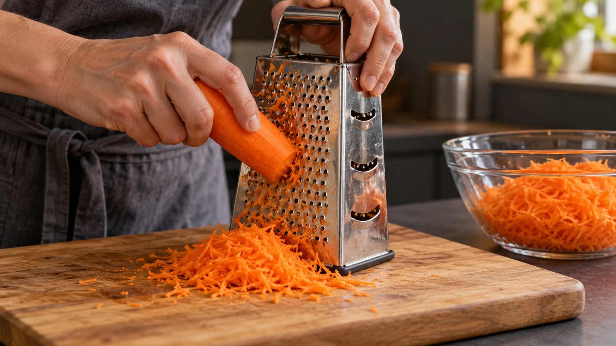 A hand grates a peeled carrot on a box grater beside a small pile of fine carrot shreds.
