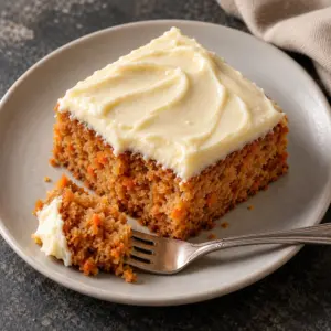 A single square of carrot cake with cream cheese frosting on a small ceramic plate.