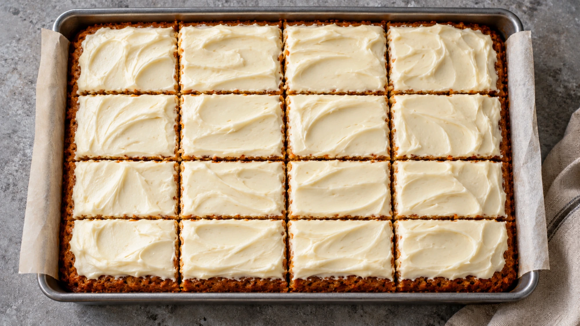 Overhead view of a frosted 9-by-13-inch carrot cake in a metal pan, cut into a four-by-four grid.
