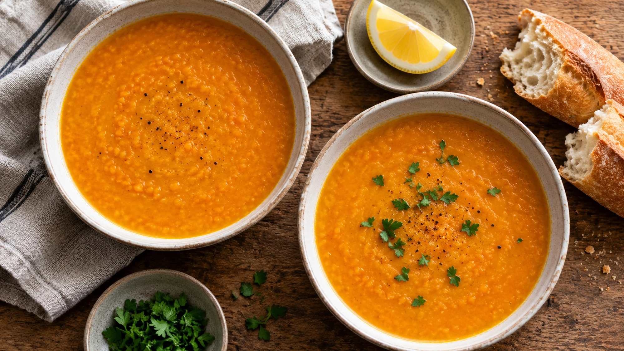 Two bowls of carrot red lentil soup with baguette slices and a lemon wedge.