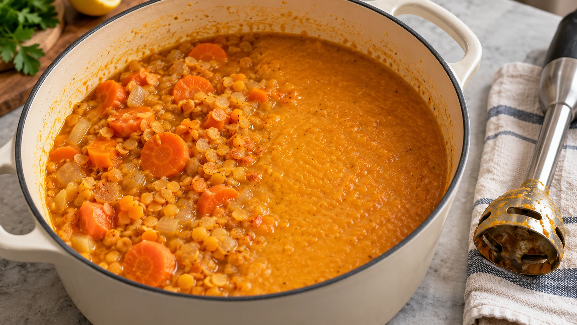Partially blended carrot and red lentil soup in a cream pot beside an immersion blender.