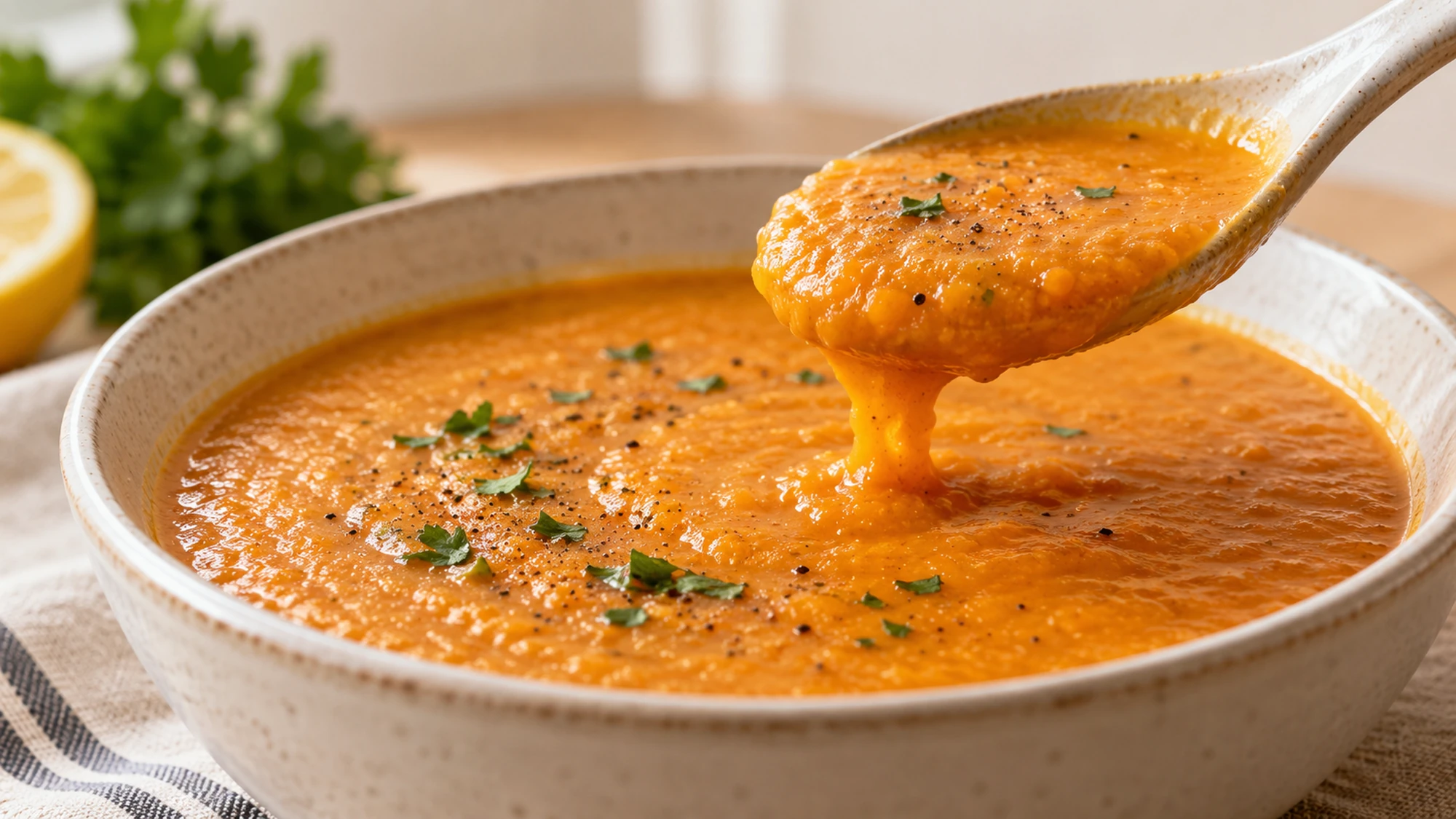 A spoon lifting thick carrot red lentil soup above a bowl with parsley flecks.