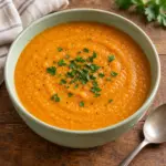 A square view of carrot red lentil soup in a pale green bowl with parsley and black pepper.