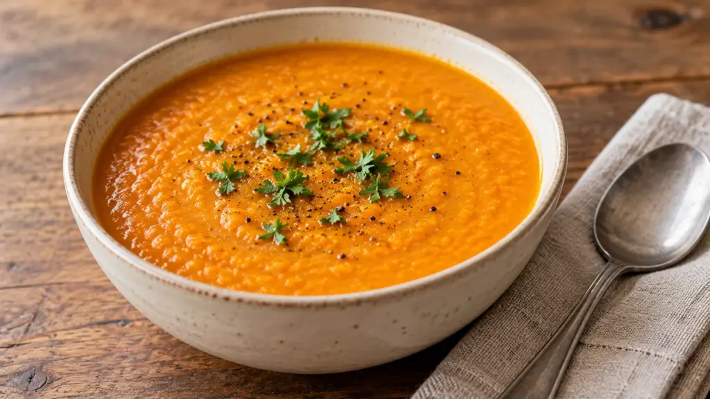 Creamy orange carrot red lentil soup topped with chopped parsley in a pale ceramic bowl.
