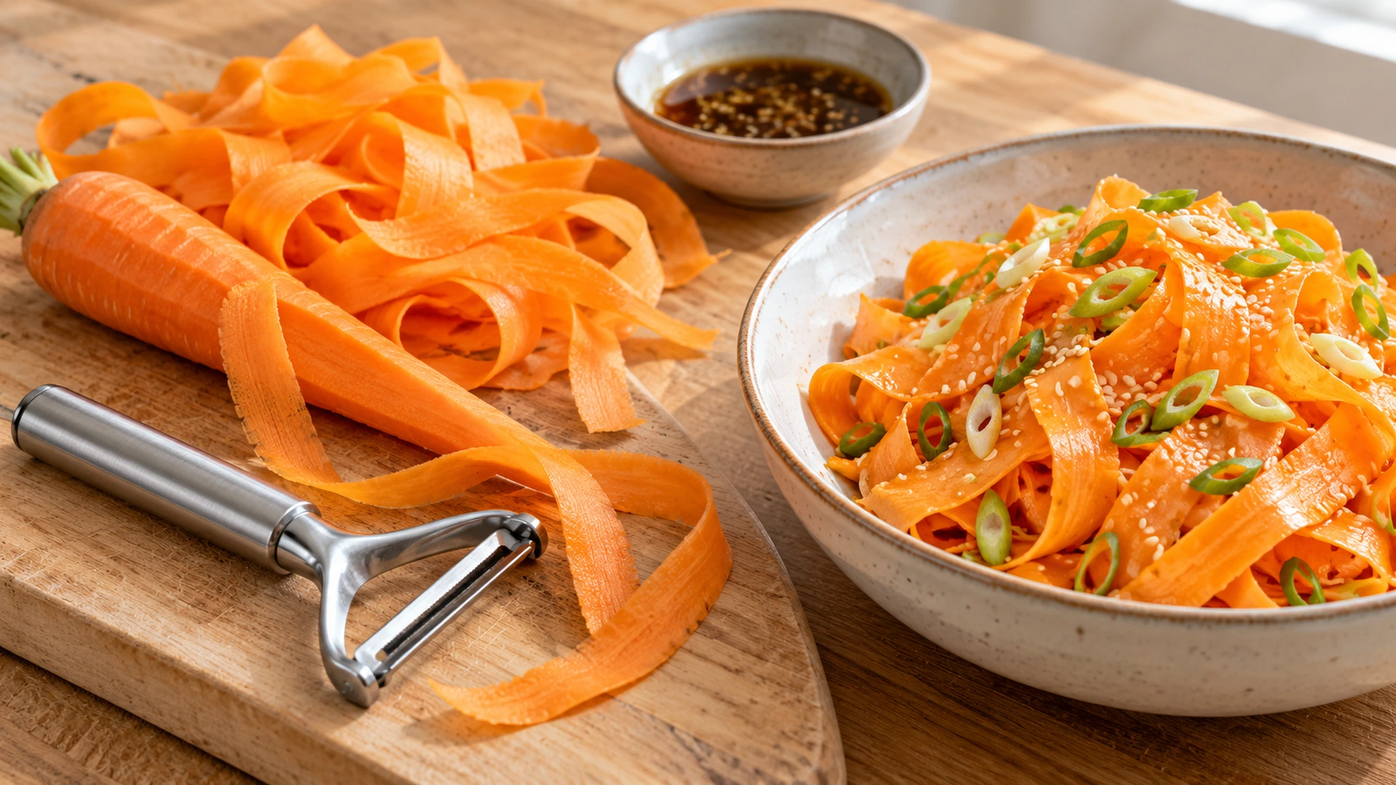 A vegetable peeler and fresh carrot ribbons beside a bowl of sesame-ginger carrot salad.