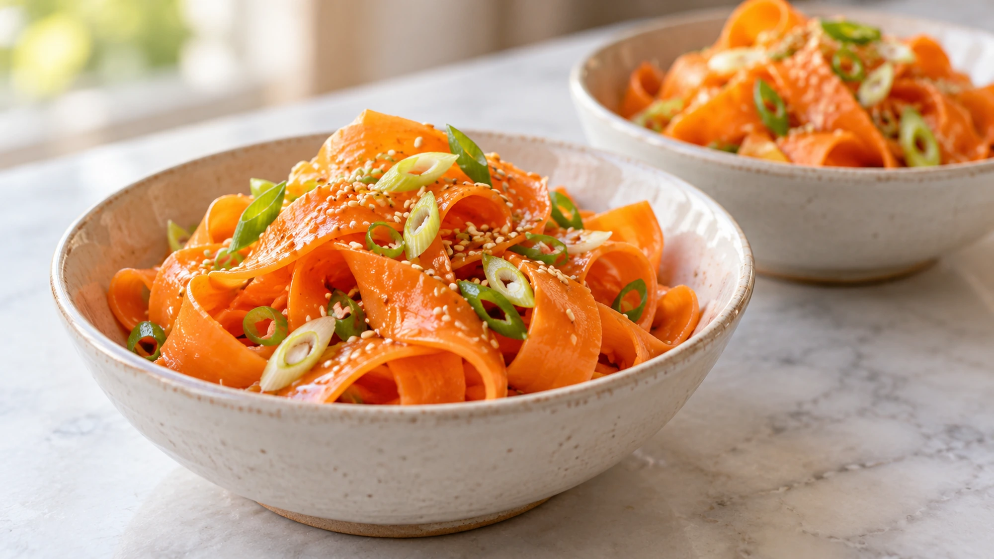 Two small bowls of carrot ribbon salad with scallions and toasted sesame seeds.