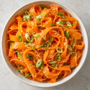 Square overhead view of carrot ribbon salad with scallions and sesame in a cream bowl.