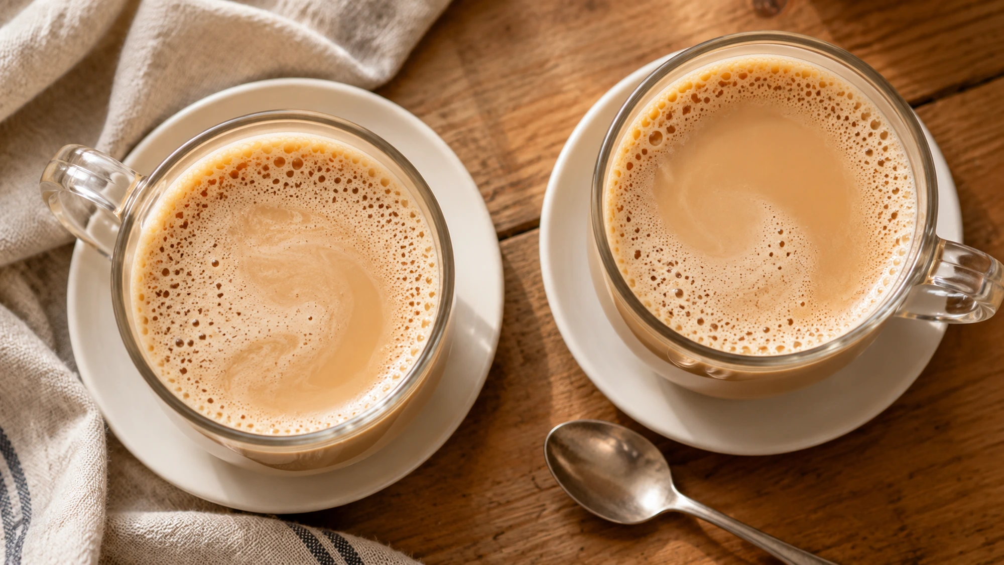 Two mugs of chai latte viewed from above with soft milk foam on top.