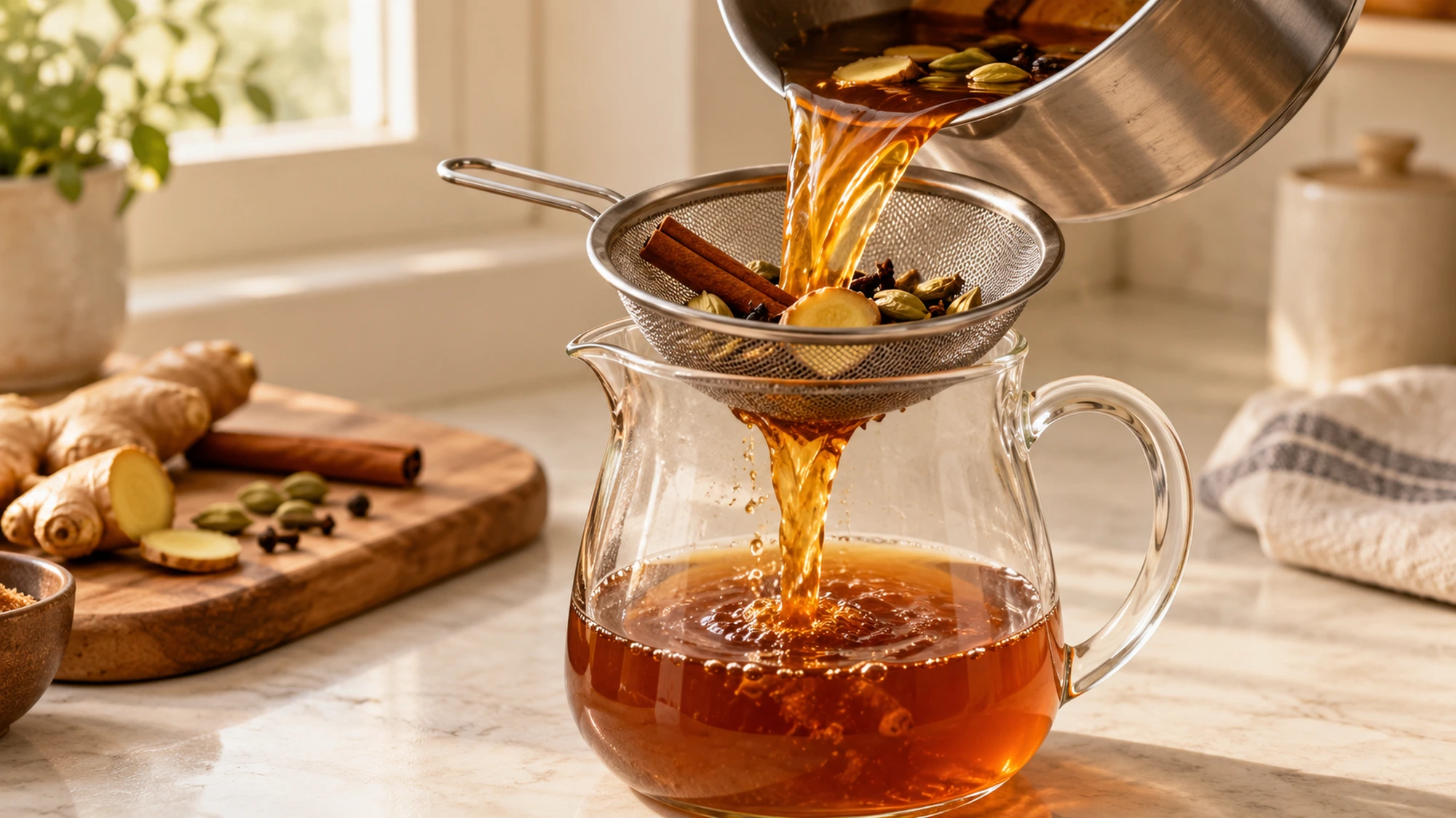 Spiced black tea being poured through a fine-mesh strainer into a heatproof pitcher.