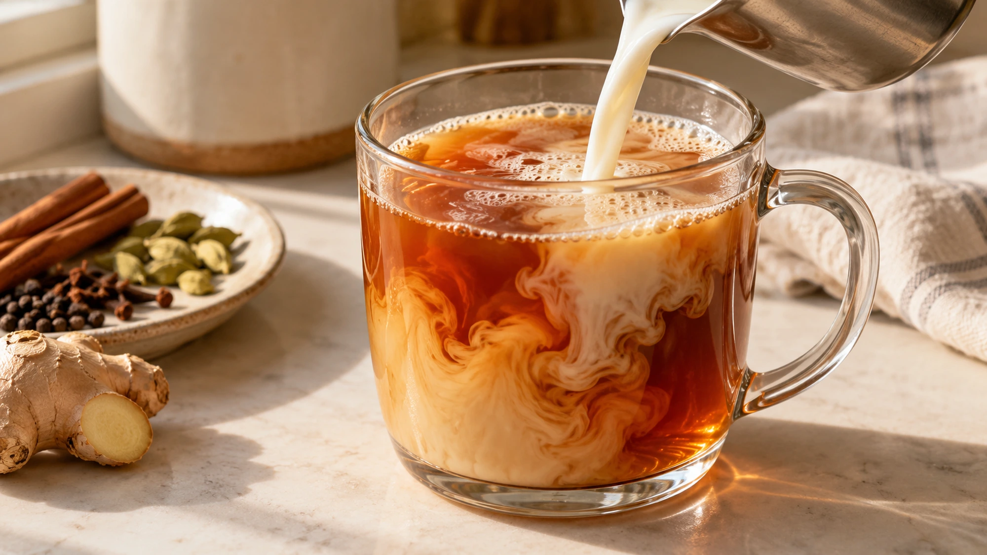Warm milk swirling into a glass mug of strained spiced black tea.