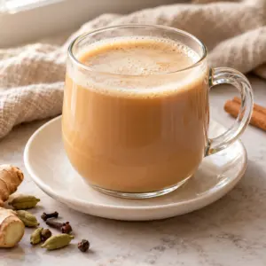 A glass mug of chai latte with fine milk bubbles on a white saucer.