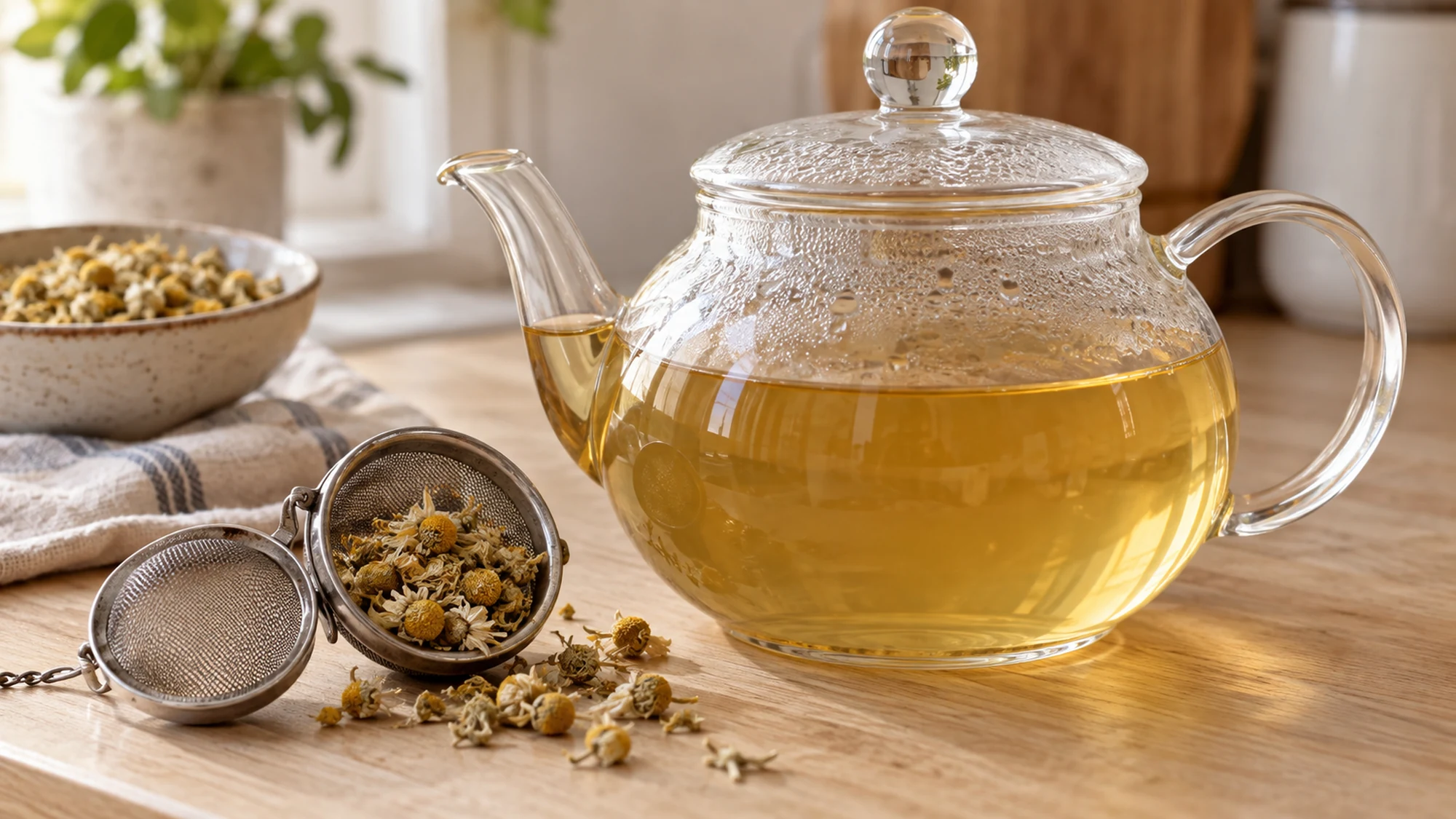 Glass teapot of chamomile infusion with dried flowers in an open infuser