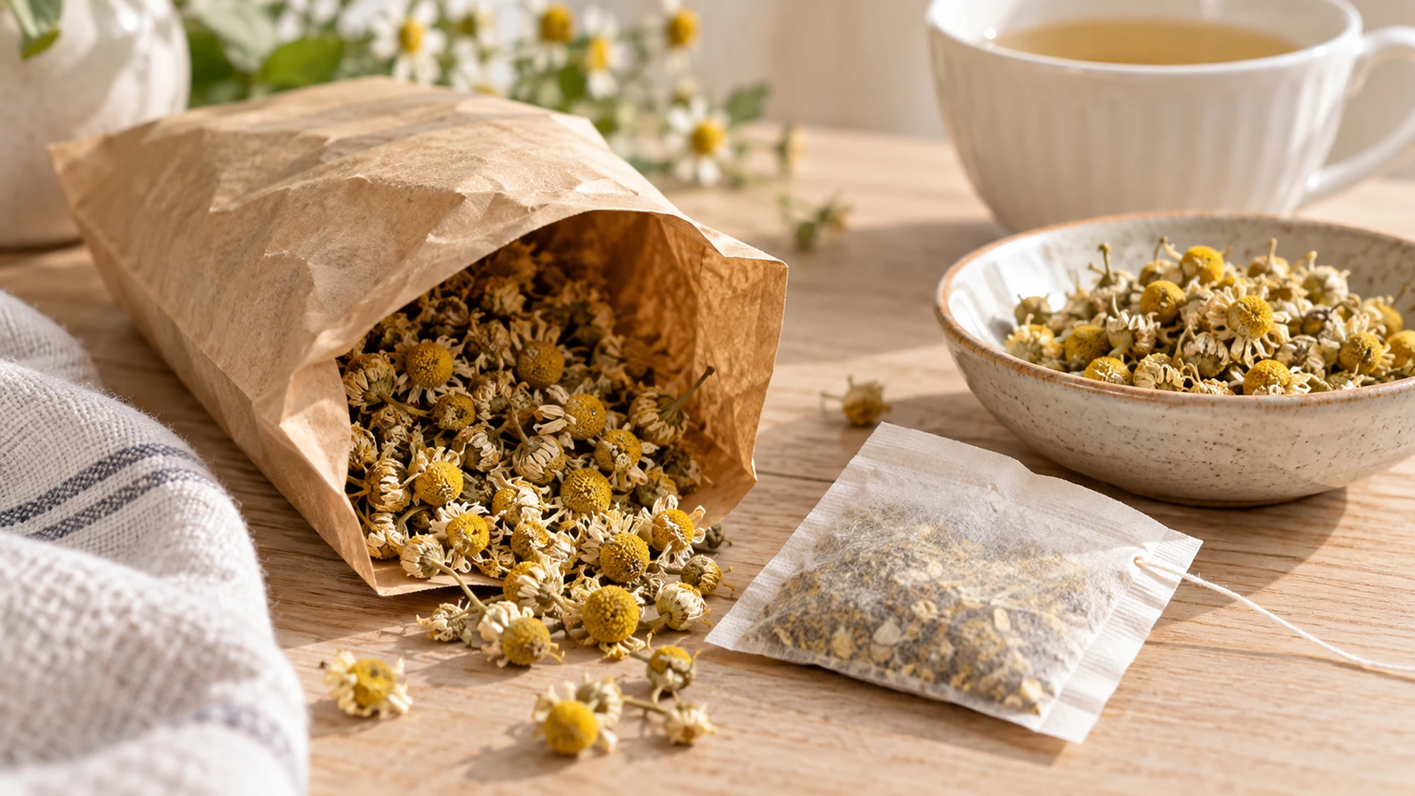 Loose chamomile flowers and a plain tea bag beside an unprinted pouch
