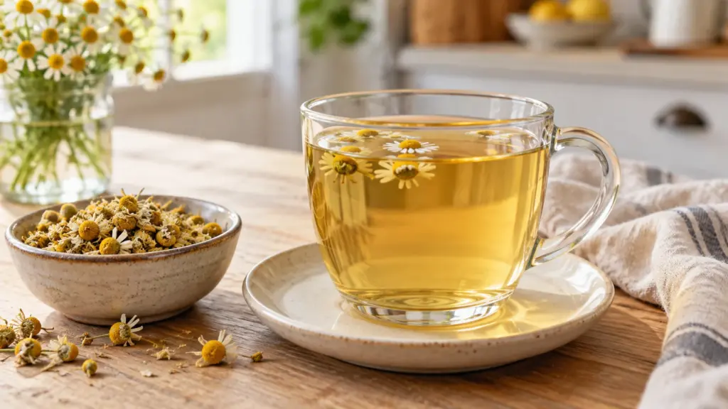 Glass mug of golden chamomile tea beside dried chamomile flowers