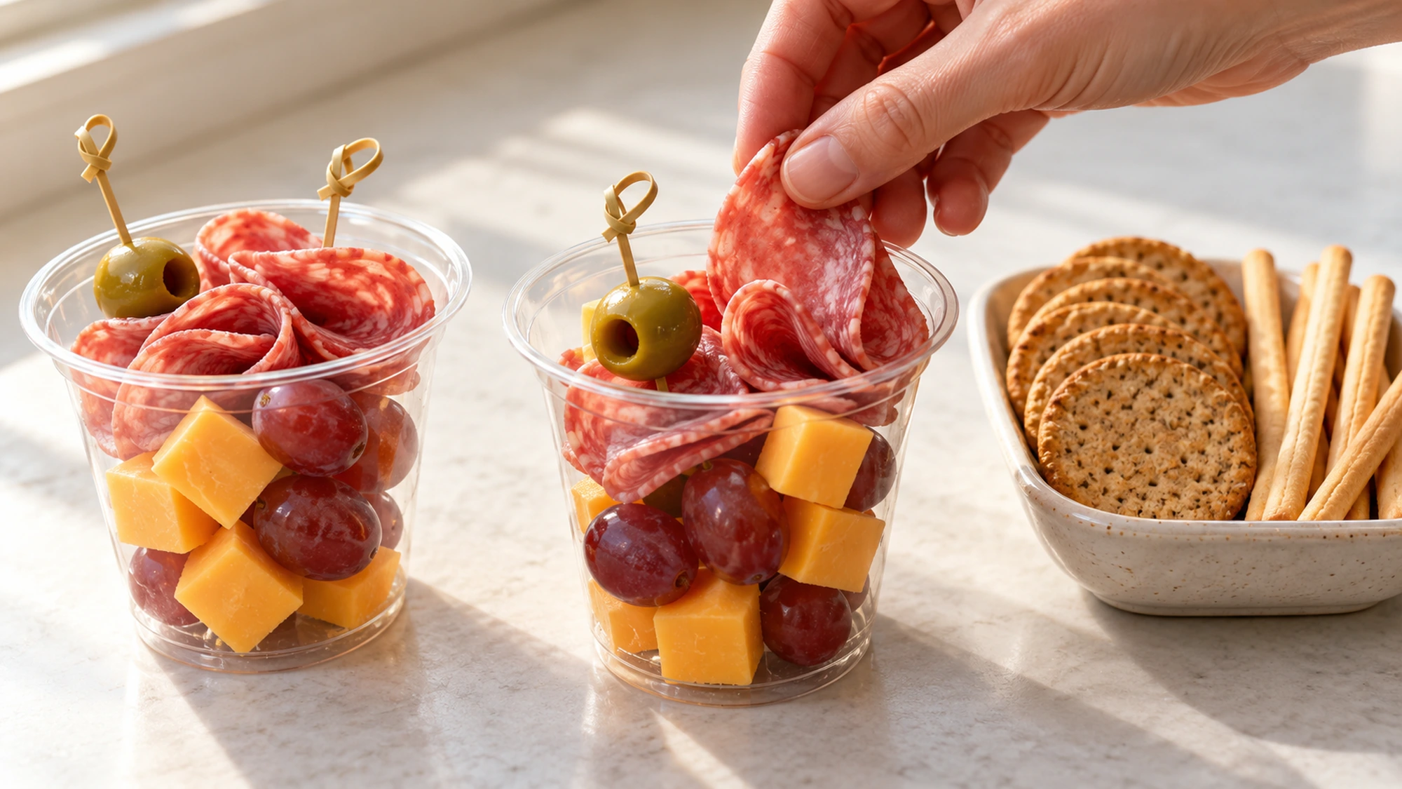 Folding salami into grape and cheddar cups while crackers and breadsticks wait in a separate dish.