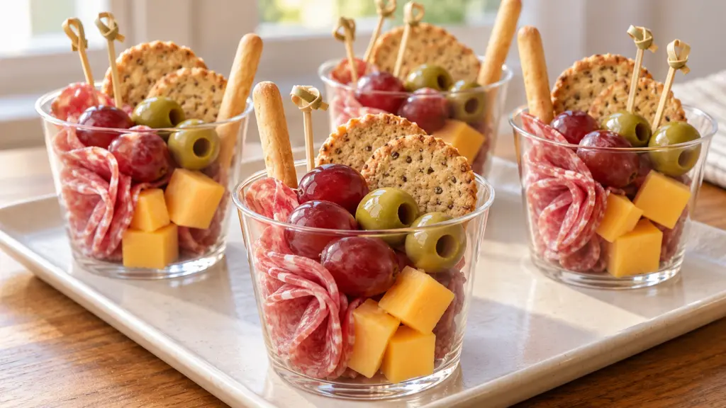 Charcuterie cups with folded salami, cheddar, grapes, olives, crackers, and breadsticks on a white tray.
