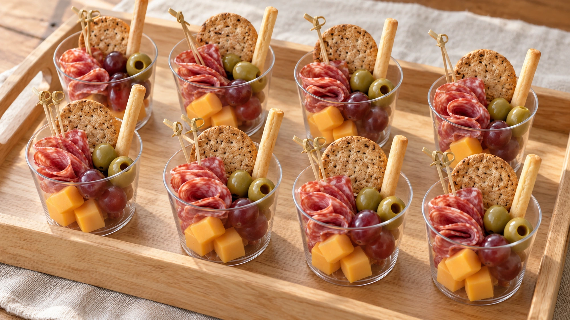 Individual charcuterie cups arranged on a wooden serving tray.