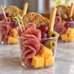 Close view of a charcuterie cup with salami folds, cheddar cubes, grapes, green olives, and crackers.