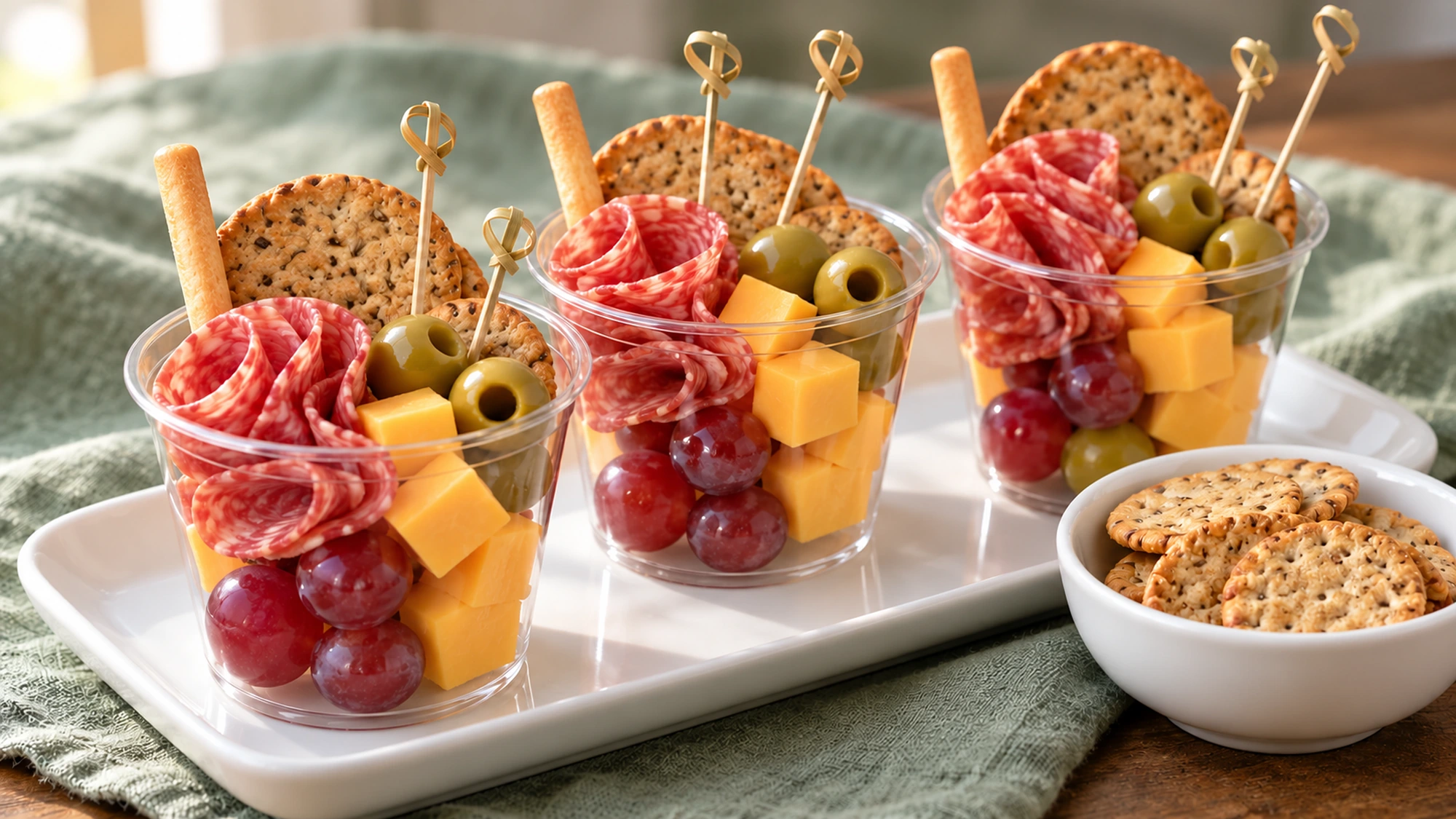 Three charcuterie cups with crisp crackers and breadsticks beside extra crackers.
