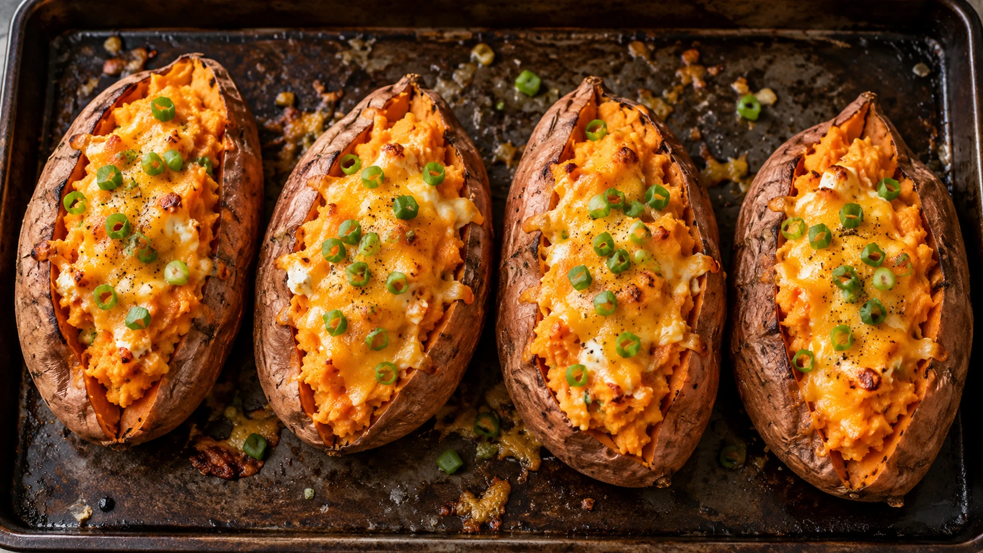 Cheese stuffed sweet potatoes on a baking tray with golden cheddar tops and chopped scallions.