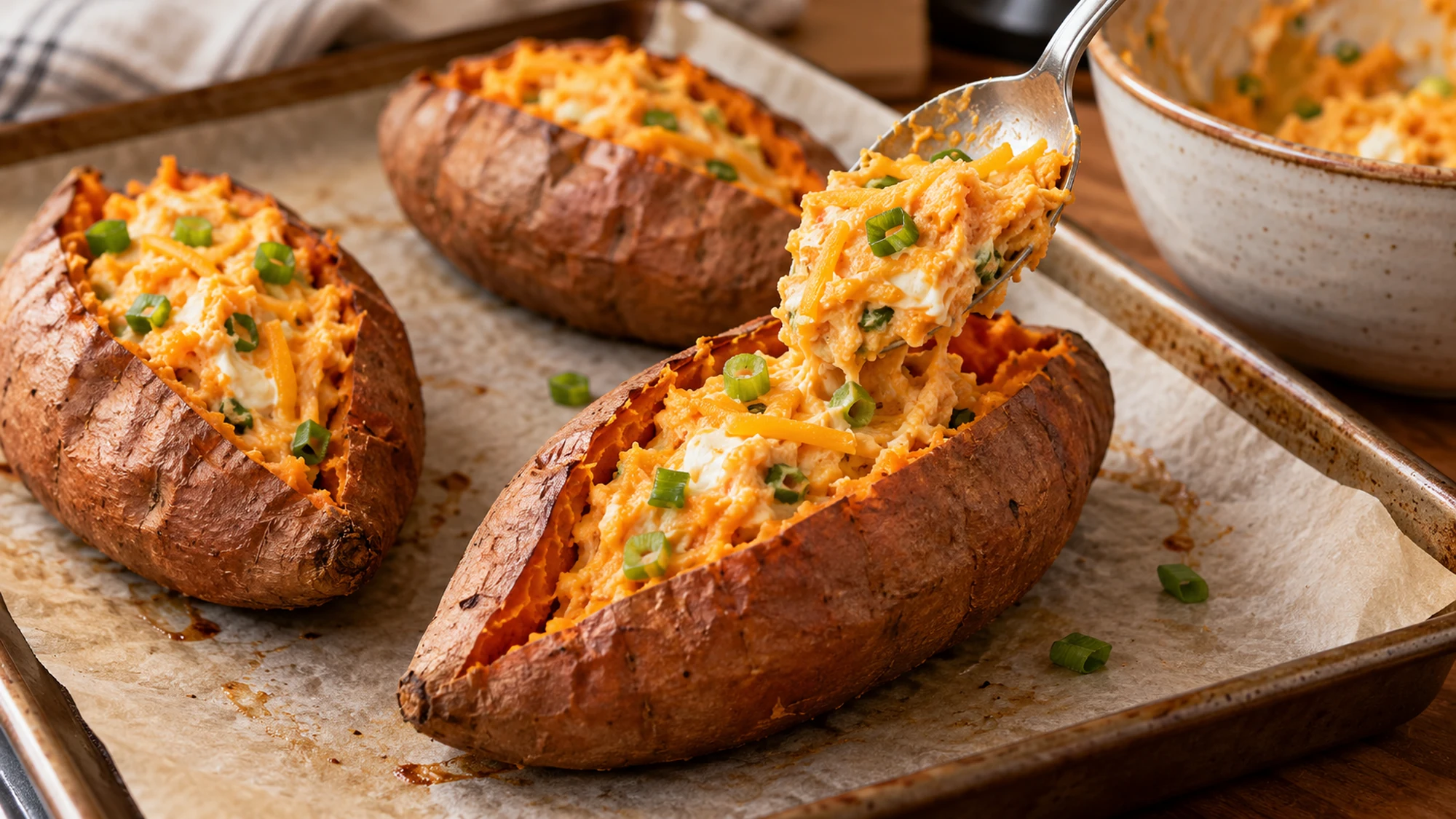 A spoon filling a baked sweet potato shell with orange sweet potato, cream cheese, cheddar and scallions.