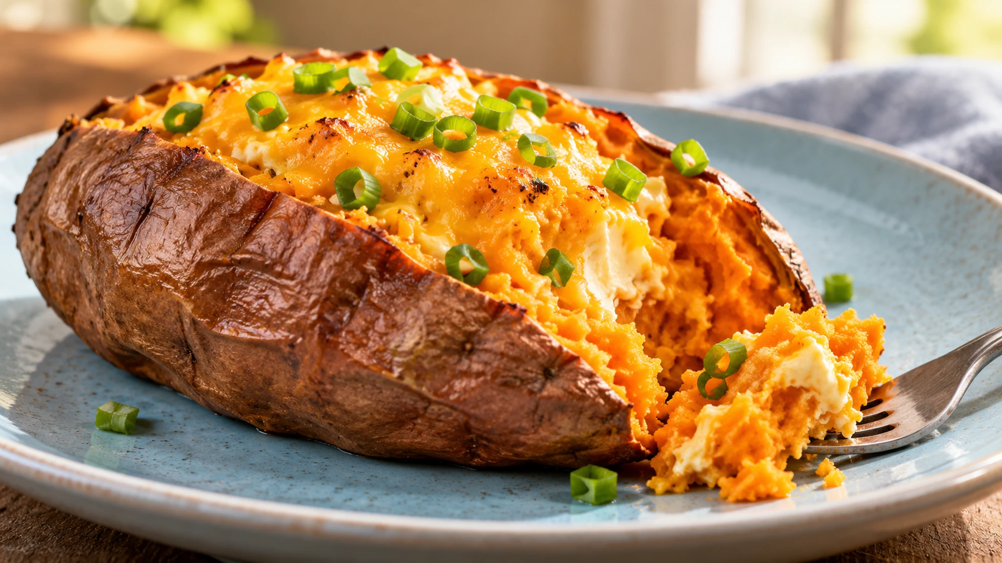 A tender bite loosened from a cheese stuffed sweet potato on a pale blue plate.
