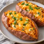 Two cheese stuffed sweet potatoes with creamy orange centers and melted cheddar on an ivory plate.