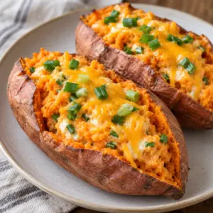 Two cheese stuffed sweet potatoes with creamy orange centers and melted cheddar on an ivory plate.