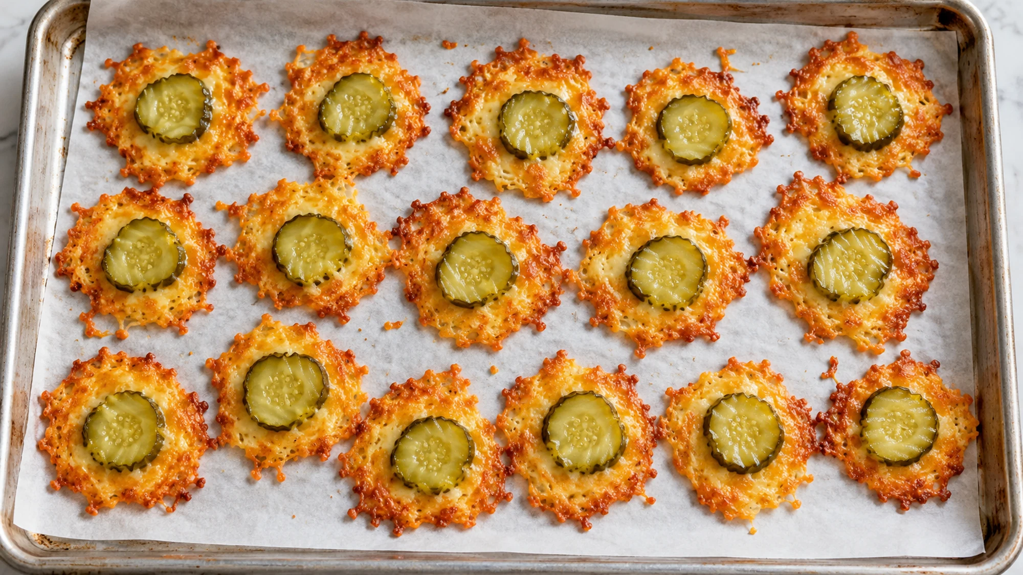 Individual cheesy pickle chips cooling on parchment after baking