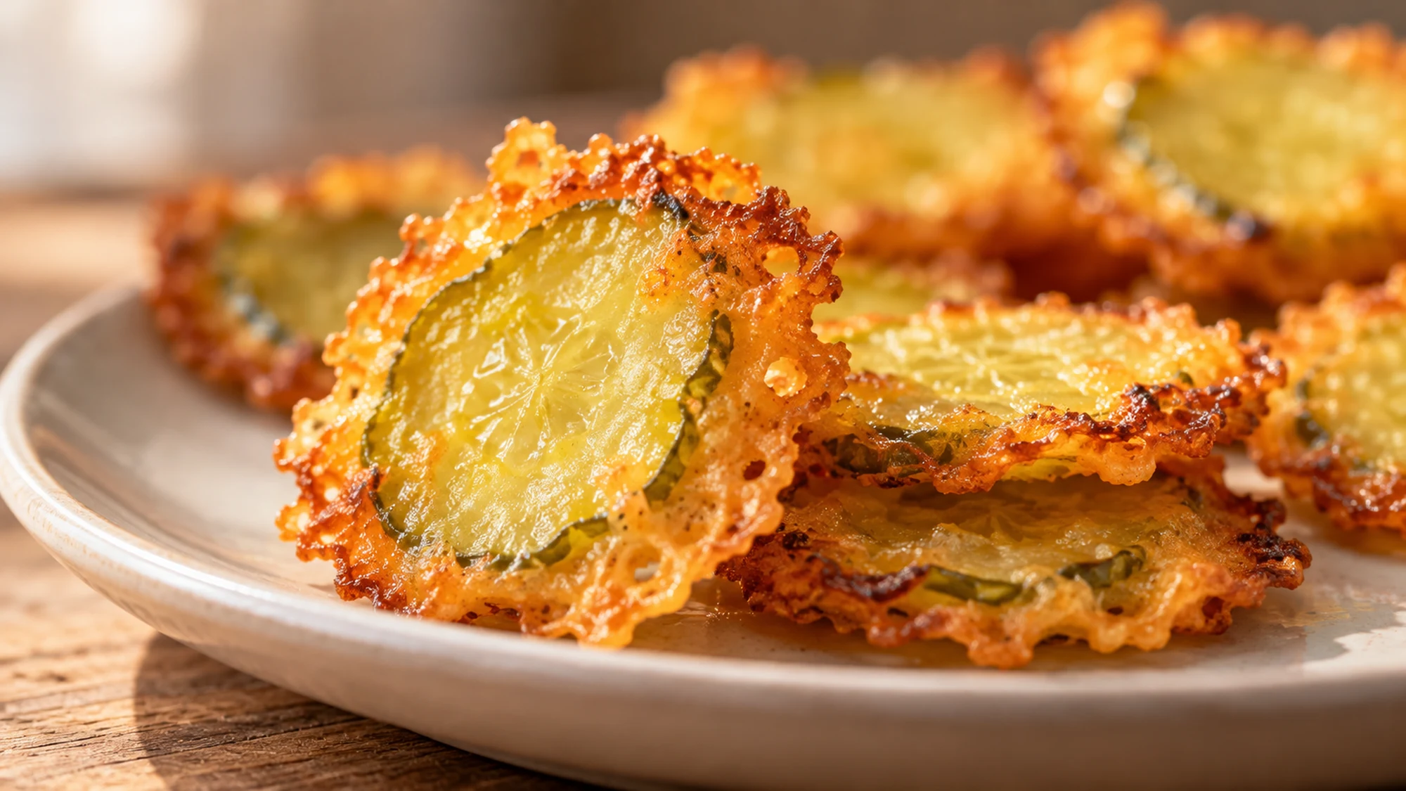 Close view of a thin golden cheddar crisp around a green dill pickle slice
