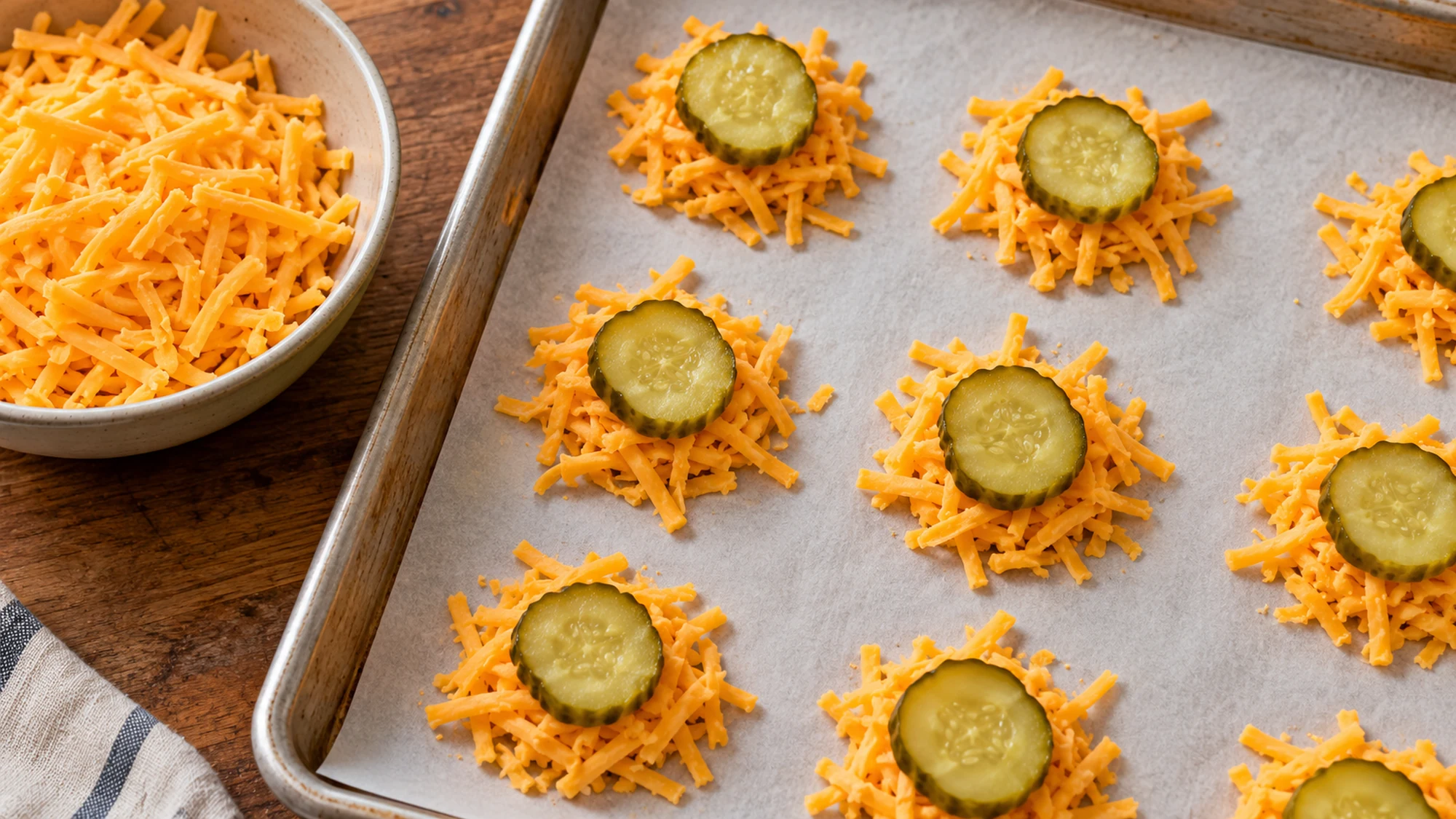 Dry dill pickle slices on spaced mounds of shredded cheddar before baking