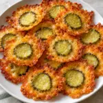 Plate of baked cheddar pickle chips with golden edges and tender pickle centers