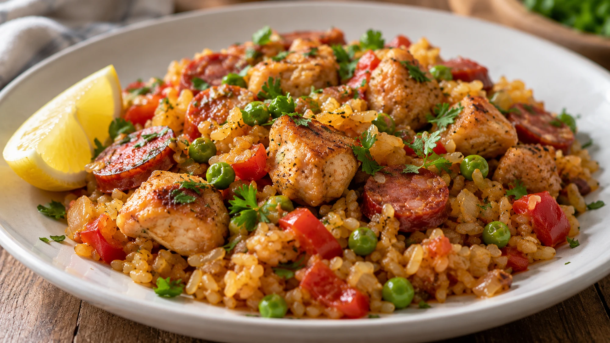A plate of golden paella rice with browned chicken, chorizo slices and green peas.
