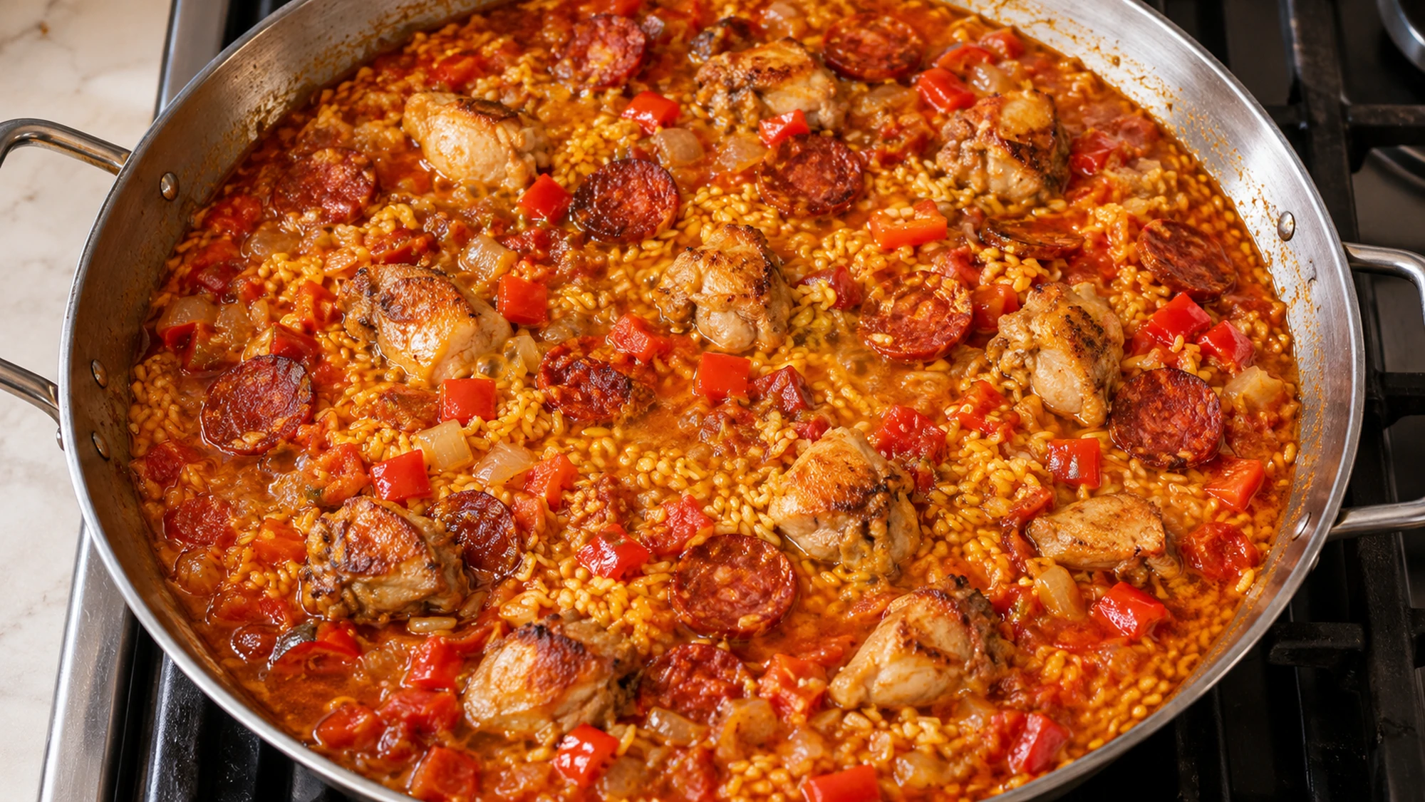 Chicken, chorizo and paella rice simmering in saffron-tinted broth in a wide pan.