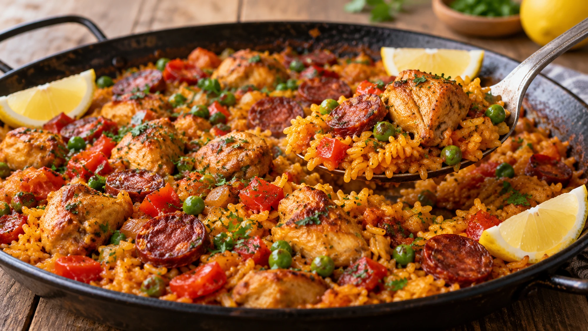 A spoon lifting paella rice, chicken, chorizo and peas from the pan.