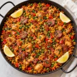 Overhead view of chicken and chorizo paella with lemon wedges in a shallow pan.
