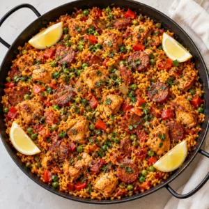 Overhead view of chicken and chorizo paella with lemon wedges in a shallow pan.