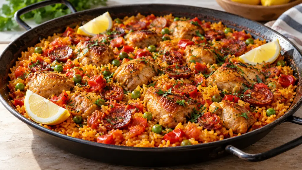 Chicken and chorizo paella in a shallow pan with peas, red pepper, parsley and lemon.