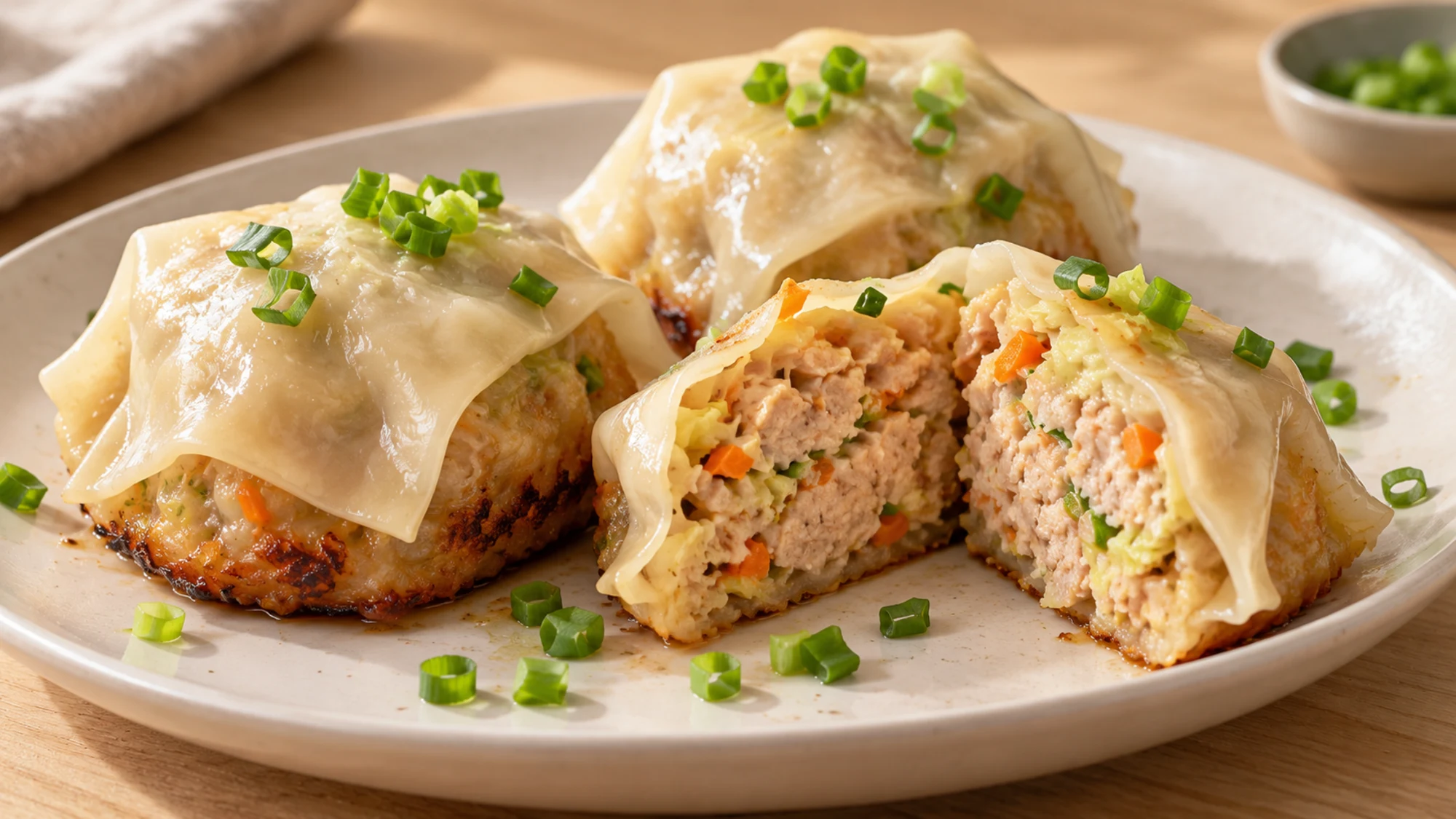 Chicken blanket dumplings on a plate with one cut open to show the cooked chicken and vegetable filling.
