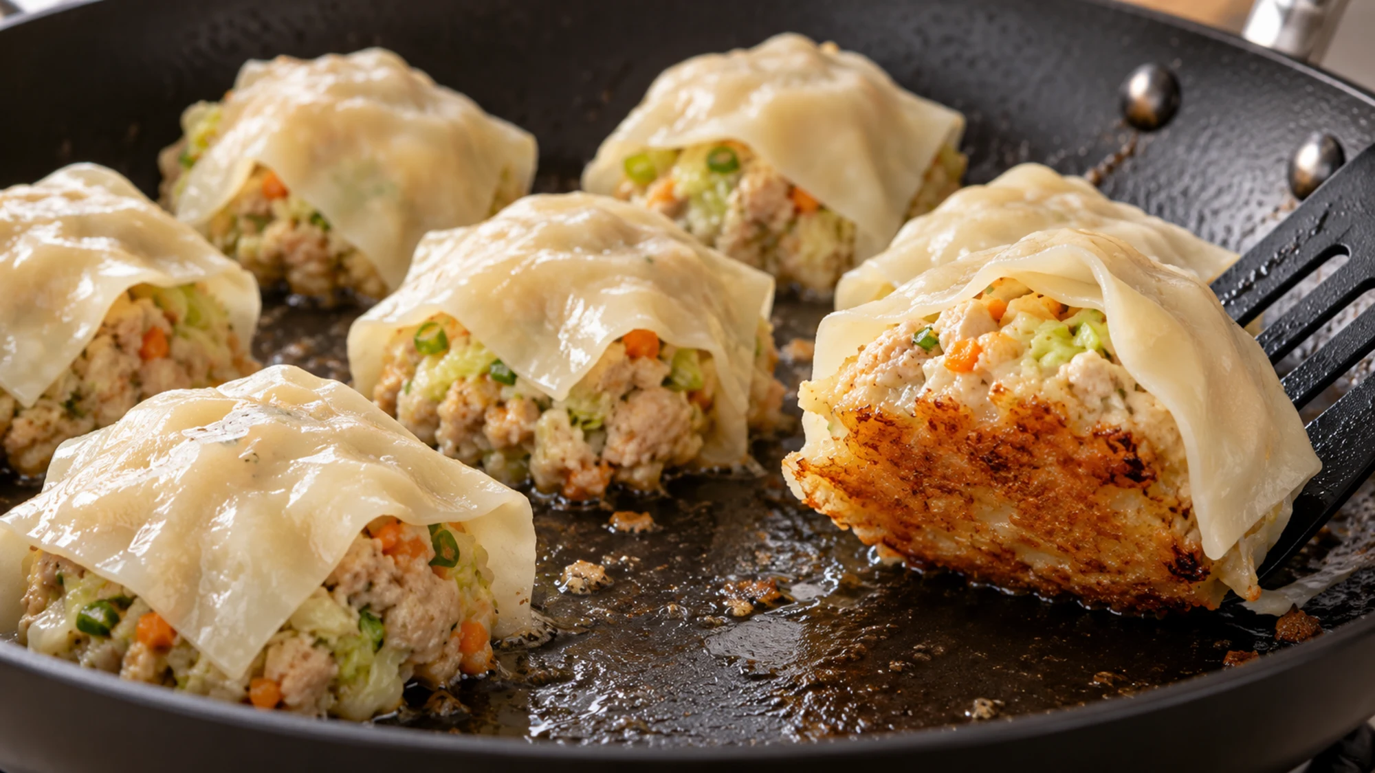 A spatula lifts a chicken blanket dumpling to show its golden-brown base.