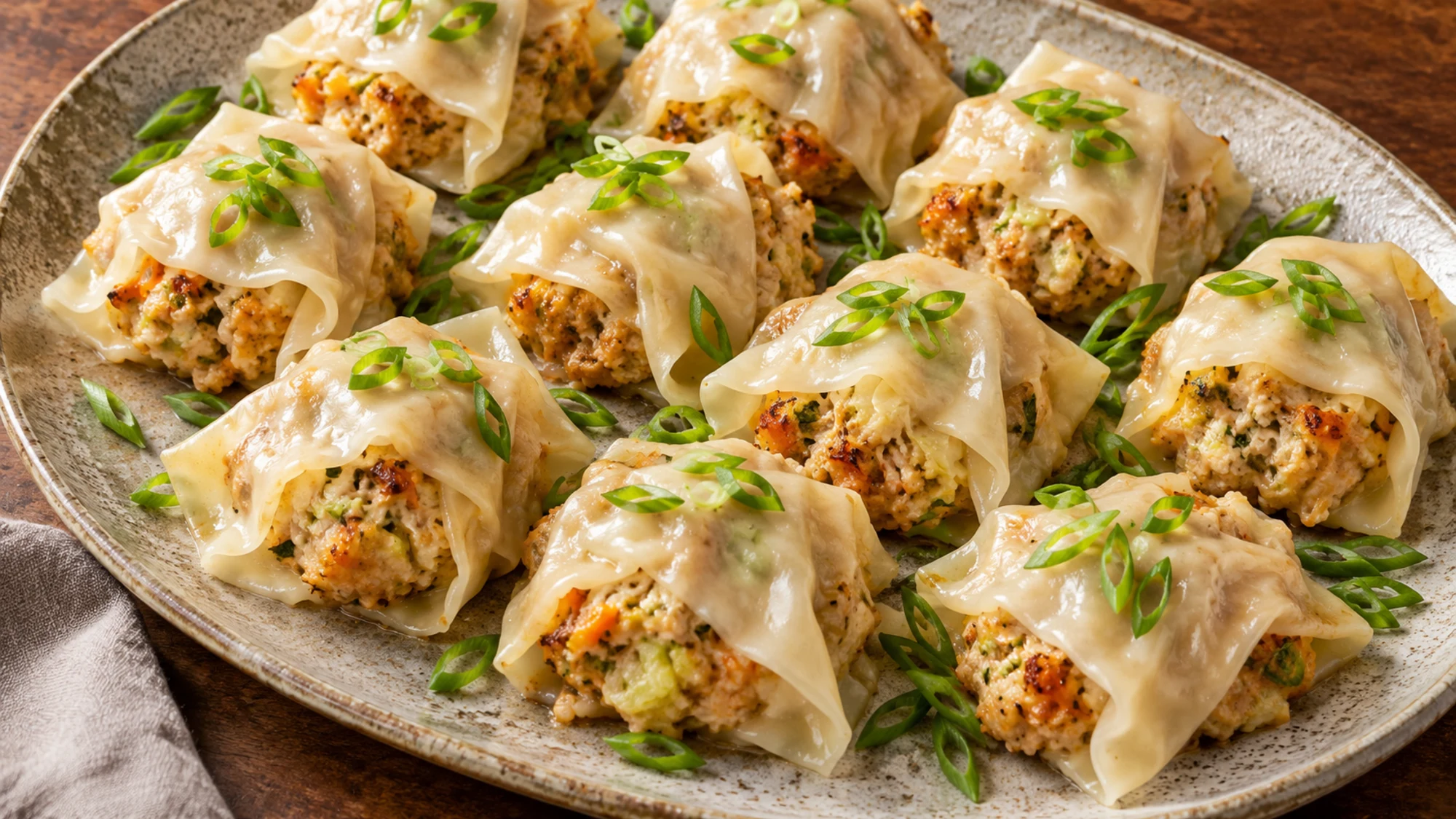 Chicken blanket dumplings on a serving platter with thinly sliced scallions.