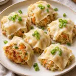 Square view of chicken blanket dumplings with pale wonton blankets and browned bases.