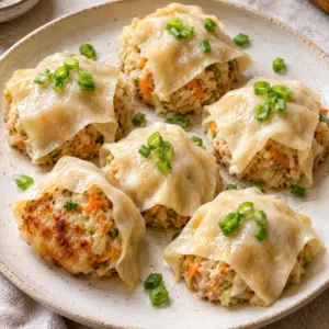 Square view of chicken blanket dumplings with pale wonton blankets and browned bases.