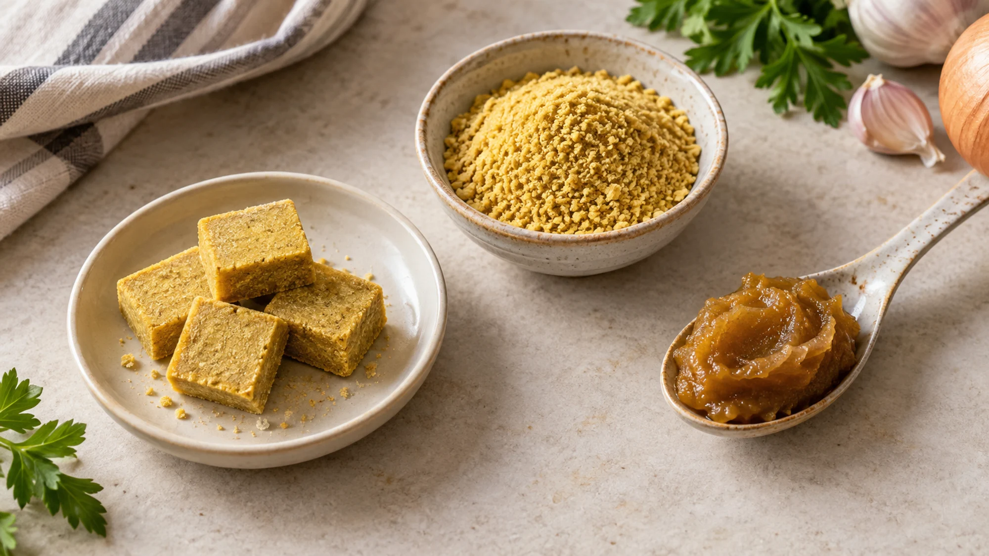 Chicken bouillon cubes, granules and moist paste in separate dishes.