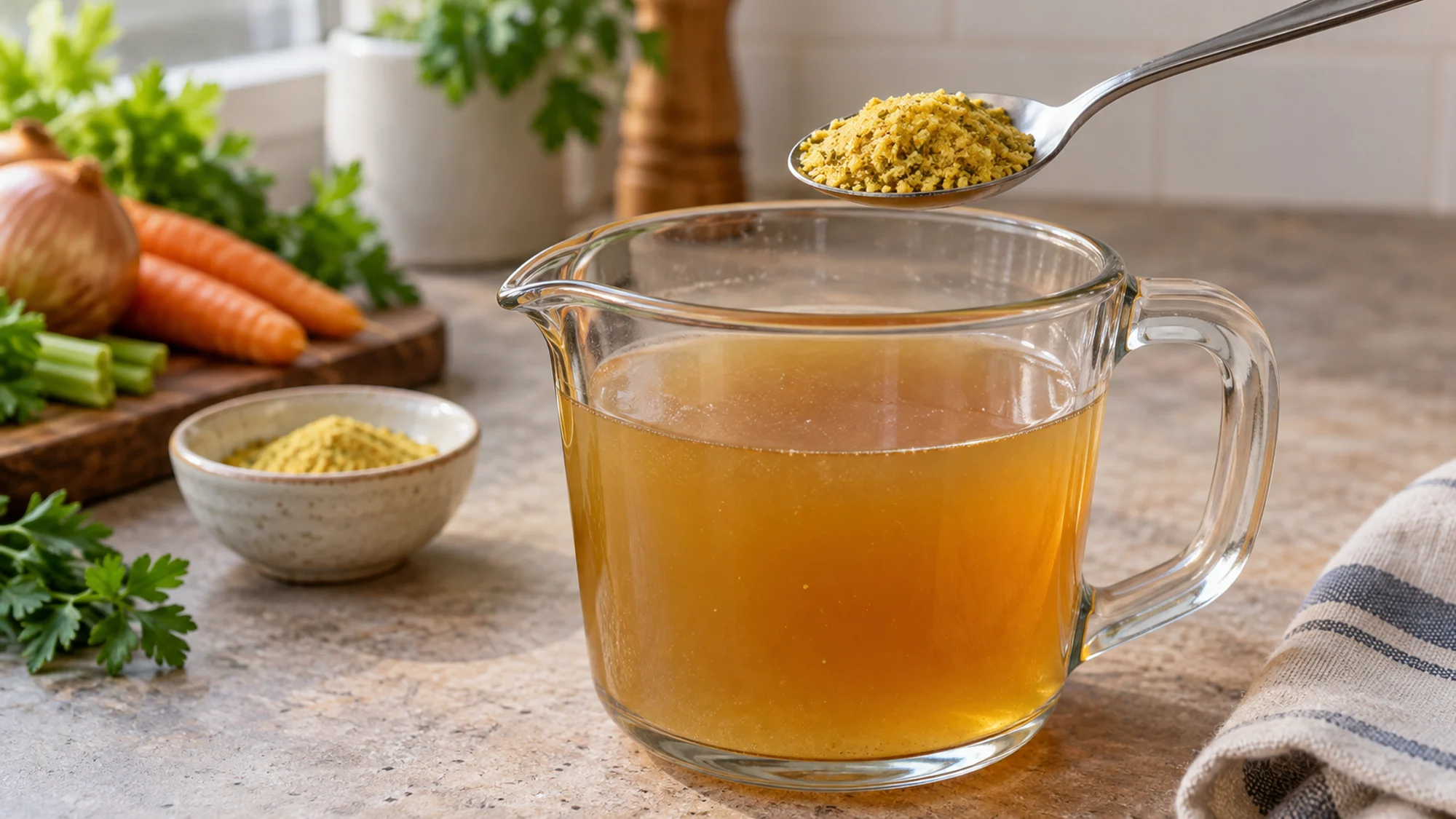 A spoonful of chicken bouillon granules above a glass jug of broth.