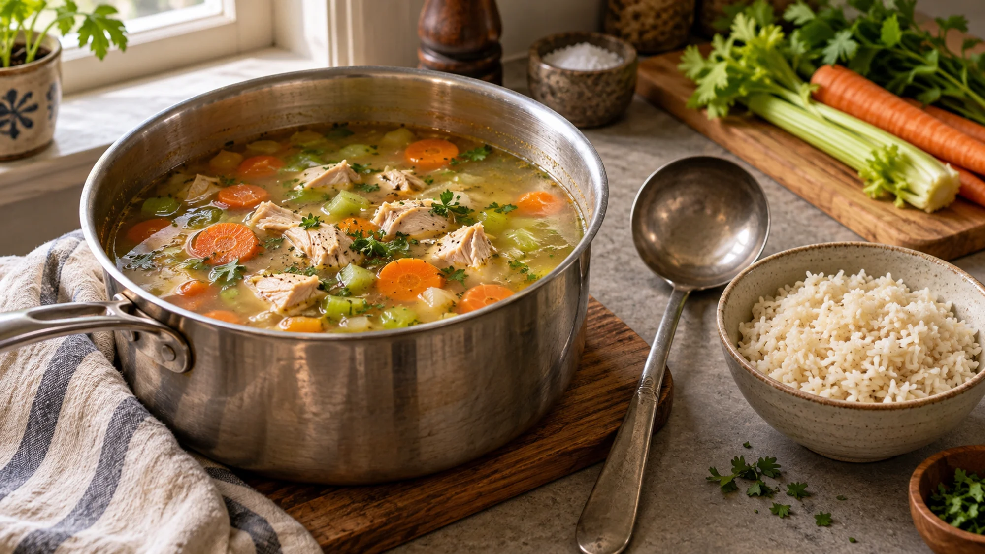A pot of chicken and vegetable broth beside cooked rice.
