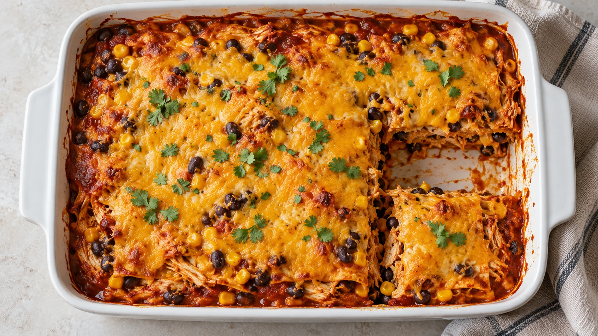 Overhead view of baked chicken enchilada casserole in a rectangular dish with a portion removed.